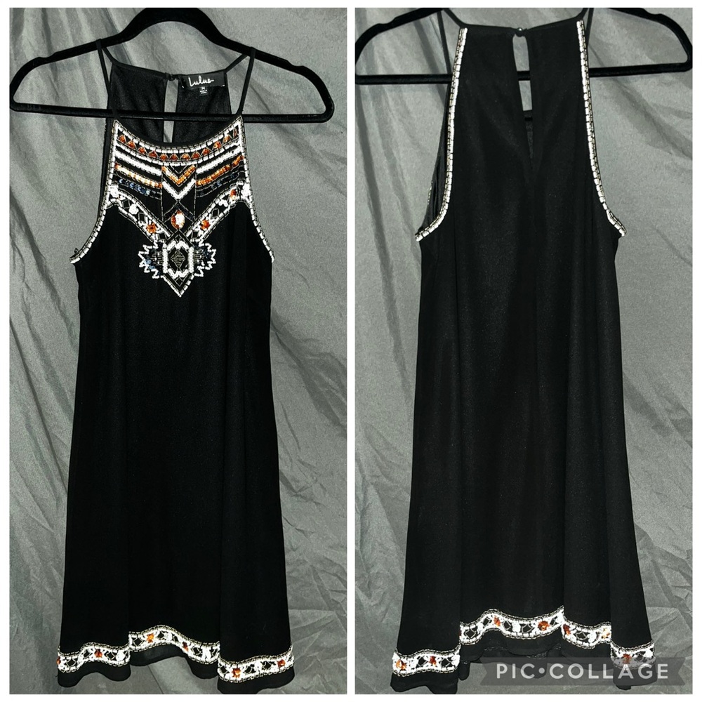 Lulu's Aztec Beaded Sequined black mini dress event cocktail homecoming Medium